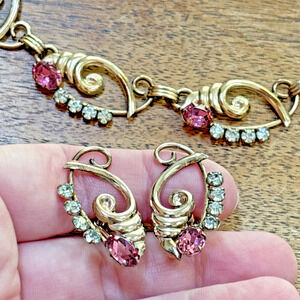 De Curtis Pink Rhinestone Choker & Screw Earrings 1/20 12k Gold Filled Vintage